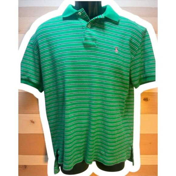 Polo Ralph Lauren Mens Green Striped Polo Medium - Picture 1 of 5